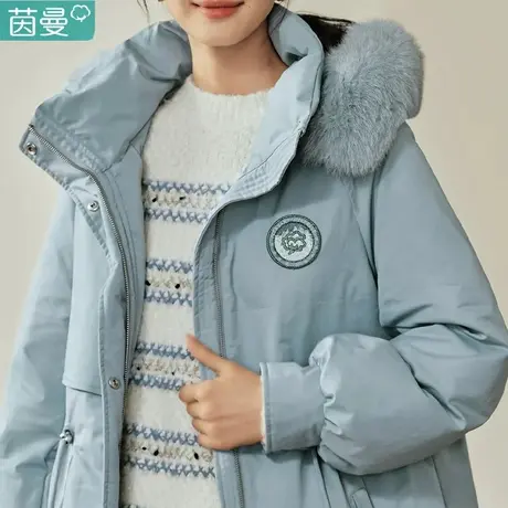 茵曼旗舰店大毛领连帽羽绒服女2024新款春秋工装中长款派克服外套图片