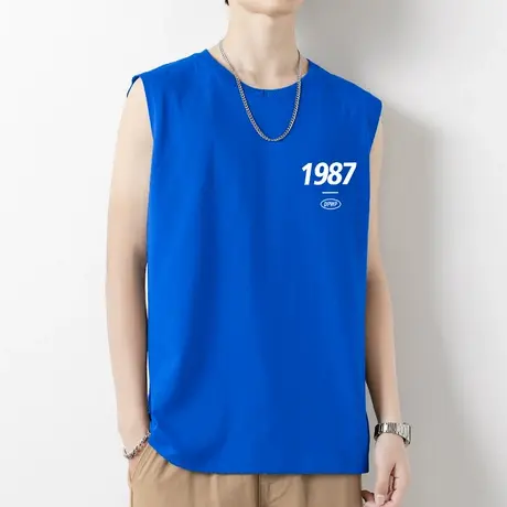 克莱因蓝纯棉背心男士夏季外穿宽松健身篮球跨栏运动坎肩无袖t恤商品大图