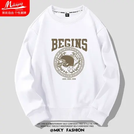 美式潮流棒球头盔印花圆领卫衣男白色秋季青少年宽松大码简约长袖商品大图