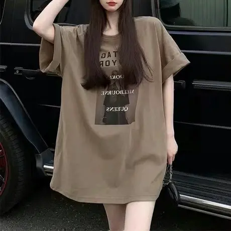 中长款大码女装2023年新款夏季短袖T恤女宽松胖mm半袖上衣200斤潮图片