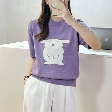 奶系卡通提花针织短袖女打底衫薄款春夏2023年宽松显瘦针织T恤衫商品大图