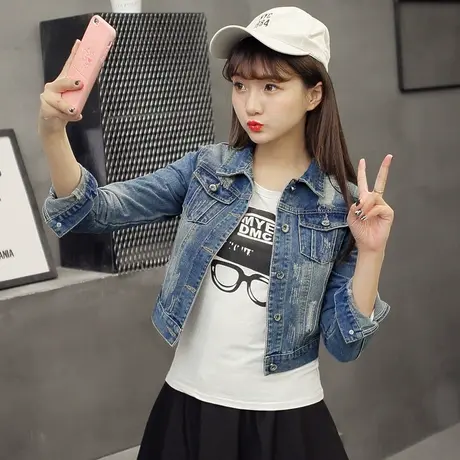 牛仔外套女春秋短款修身韩版学生长袖上衣破洞小个子高腰牛仔服商品大图