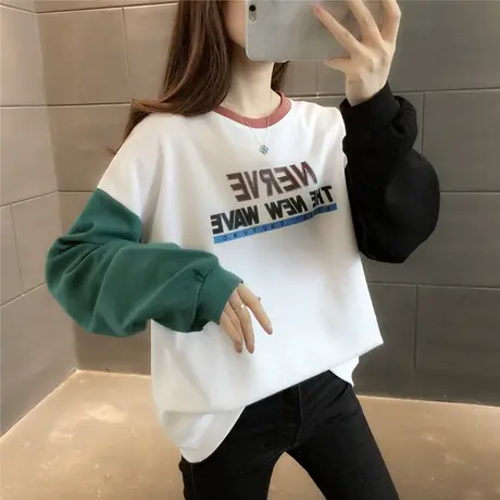 拼色条纹圆领卫衣女2023年秋冬新款女装韩版宽松长袖百搭上衣潮流图片