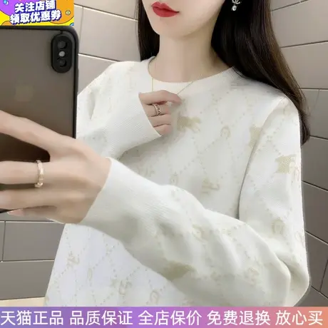 2023春秋圆领亮丝小马提花针织打底衫女宽松时尚洋气毛衣外穿长袖图片