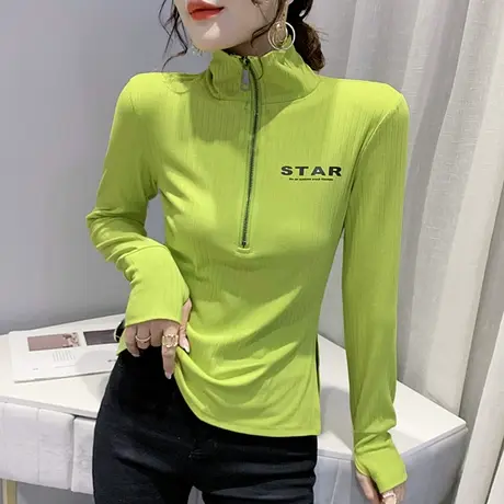 2023春装新款时尚拉链T恤女长袖设计感小众上衣修身百搭打底衫潮图片