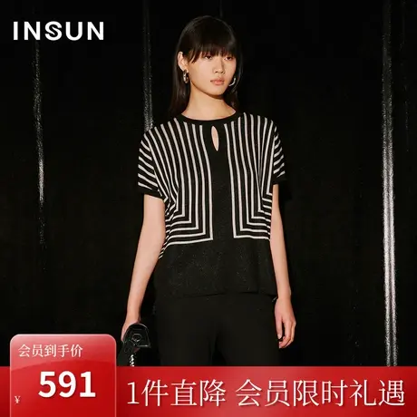 恩裳COVER2023秋季新款品质无感金葱条纹光泽感水滴镂空设计上衣图片