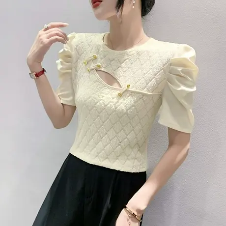 欧货性感镂空上衣女复古气质T恤ins潮夏季时尚泡泡袖小衫修身体恤商品大图