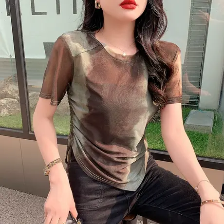 2023夏季新款扎染印花上衣女短袖性感网纱T恤ins收腰修身抽绳小衫商品大图