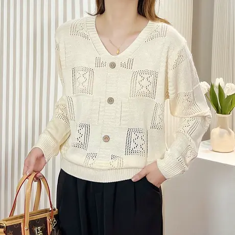 早秋镂空针织衫秋装v领薄款毛衣百搭长袖2023年秋季新款宽松上衣商品大图