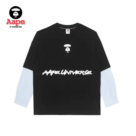 Aape旗舰店男装秋冬猿颜涂鸦字母印花拼接衬衫袖长袖T恤1209XXJ商品大图