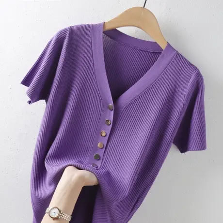 短袖t恤女春夏新款2021打底修身内搭韩版v领半袖时尚冰丝体恤百搭商品大图