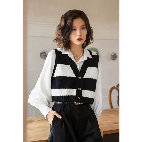 弥古小香风针织马甲女春秋短款v领黑白条纹小马夹背心高级感外穿商品大图