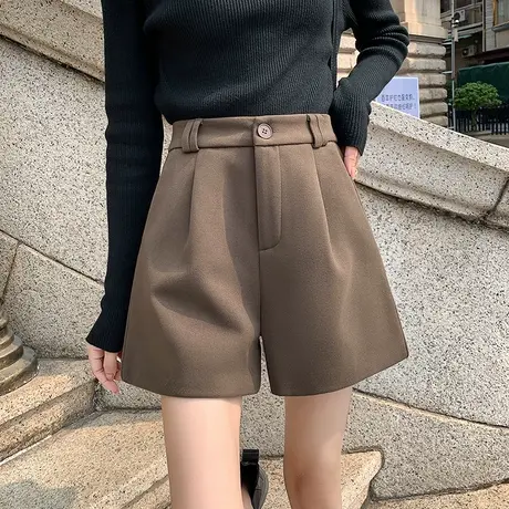 咖色超火毛呢短裤女2022年秋冬新款a字高腰休闲阔腿靴裤子外穿图片
