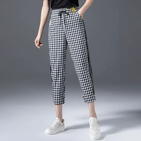 黑白格子裤女夏薄款网纱裤子休闲冰丝女裤夏季速干运动九分哈伦裤图片
