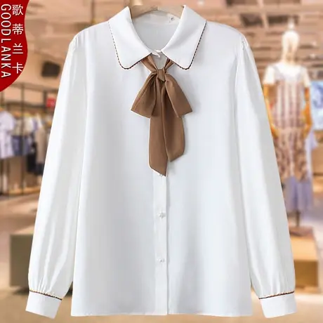 中年妈妈衬衫长袖洋气上衣春秋款加肥加大码女装POLOL领飘带衬衣商品大图