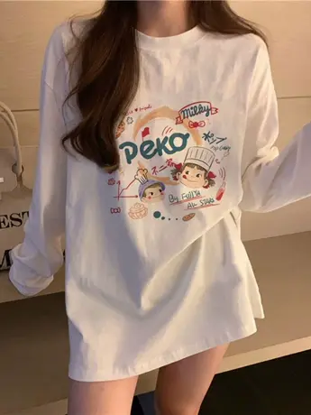 白色仿棉长袖t恤上衣2023初秋新款欧货女装冬季加德绒内搭打底衫商品大图