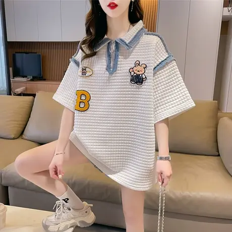 小众设计感短袖t恤女夏季韩版宽松大码女装中长款翻领华夫格上衣商品大图