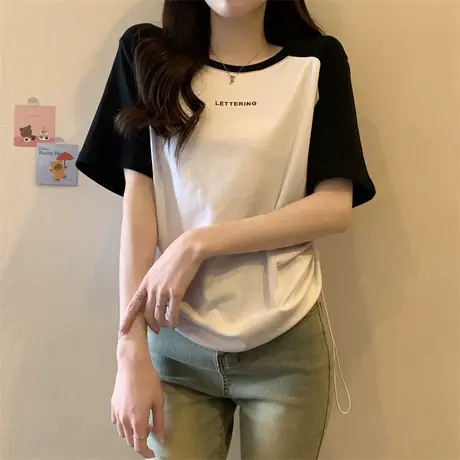 拼色短袖t恤女夏季修身小众设计感美式辣妹风打底插肩袖短款上衣商品大图