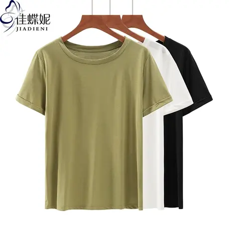 夏季新款韩版圆领天丝棉宽松大码纯色休闲短袖体恤上衣女打底衫商品大图