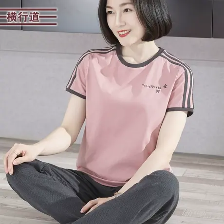 2023新款夏装休闲简约圆领撞色绣花宽松短袖T恤大码上衣服女小衫商品大图