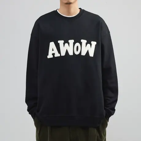 奕飏立体贴布绣黑色韩版卫衣男2022秋冬新款潮流百搭宽松圆领上衣图片