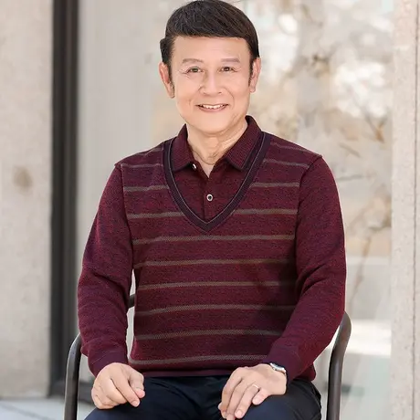 爸爸毛衣加绒加厚款假两件中老年人男士保暖条纹针织打底衫爷爷装商品大图