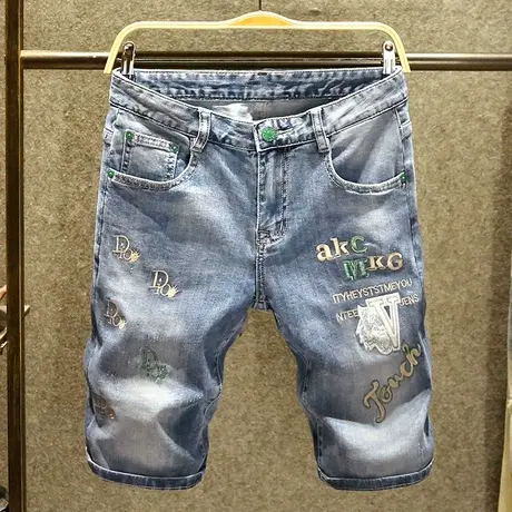 夏季刺绣牛仔短裤男2023夏季ins潮流马裤男士潮牌帅气五分中裤子商品大图