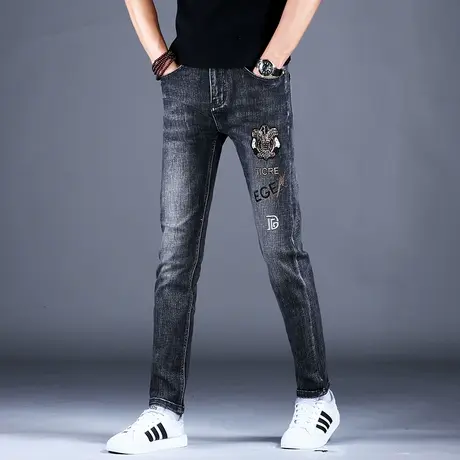2023新款刺绣牛仔裤男款灰黑色修身小脚裤子男江浙沪穿搭男士百搭商品大图