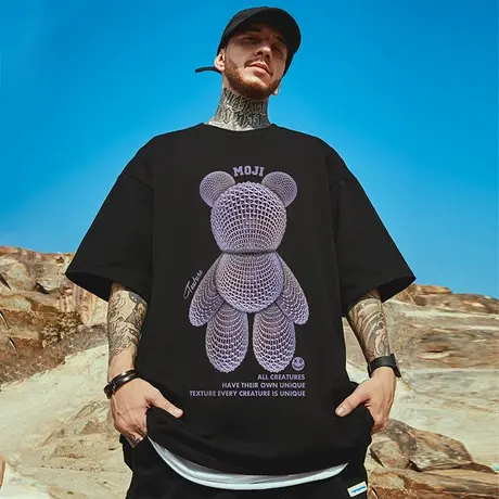oversize潮牌港风大码男装国潮嘻哈宽松短袖小熊情侣T恤半袖潮流商品大图