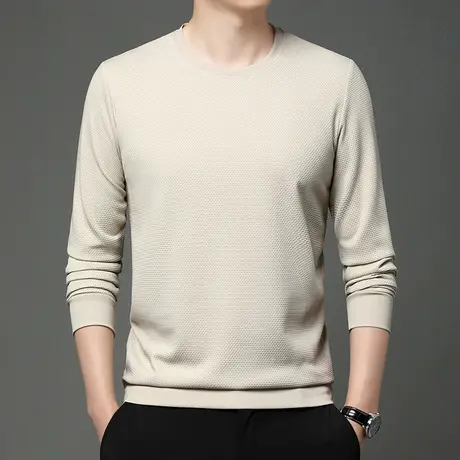 春秋男士卫衣圆领华夫格纯色运动上衣t恤休闲宽松长袖外穿打底衫图片