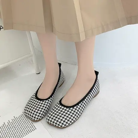 平底单鞋女2023春秋新款软底波点豆豆鞋千鸟格大码浅口气质奶奶鞋商品大图