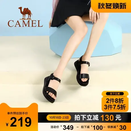 骆驼女鞋2023夏季新款一字带平底凉鞋女真皮休闲坡跟厚底凉鞋女商品大图