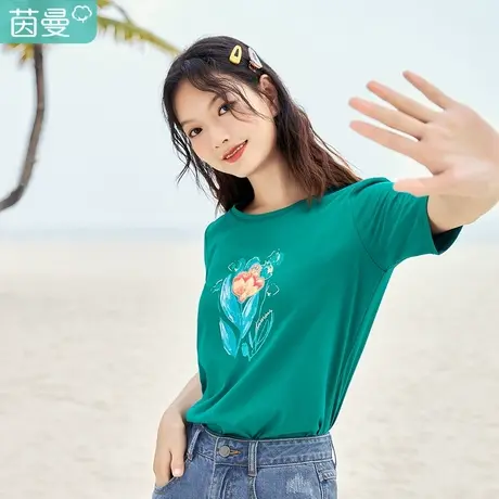 茵曼2023夏装新款花卉油画印花绣花描边舒适圆领短袖T恤女图片
