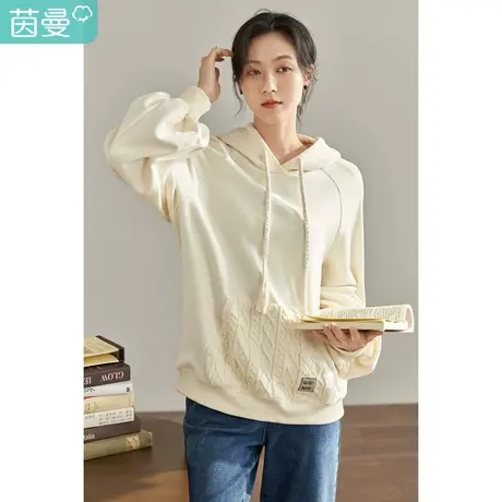 【商场同款】茵曼2023春女装新款田园插肩毛织口袋宽松连帽卫衣图片