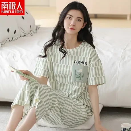 南极人睡衣女士夏季纯棉短袖七分裤2023年新款可爱卡通夏天家居服商品大图