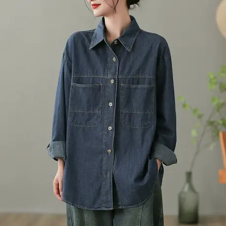 dza 复古秋季长袖上衣女士牛仔衬衫宽松显瘦短款外套休闲百搭衬衣商品大图