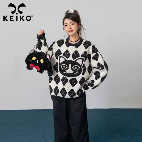 KEIKO 摩登感菱格提花毛衣女加厚秋冬慵懒风复古内搭外穿针织毛衫商品大图