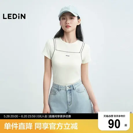 乐町假两件拼接短袖25夏季新款少女感曲芽绣花设计感T恤修身上衣商品大图