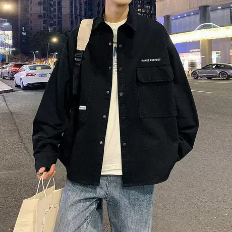 工装外套男春秋季休闲痞帅牛仔衣衬衫夹克男生开春棒球服男款上衣商品大图