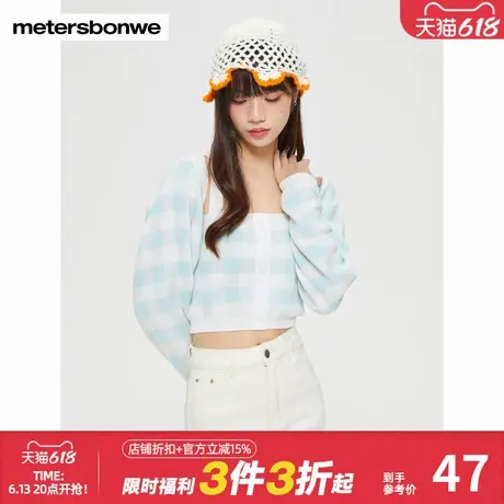 美特斯邦威毛织开衫外套女秋季时尚潮流舒适格纹百搭短款套装上衣图片