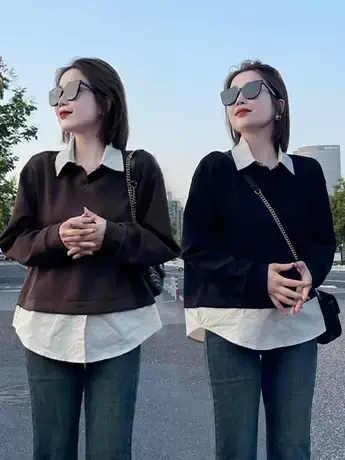 设计感小众个子假两件卫衣女士早秋季新爆款美式复古宽松显瘦上衣商品大图