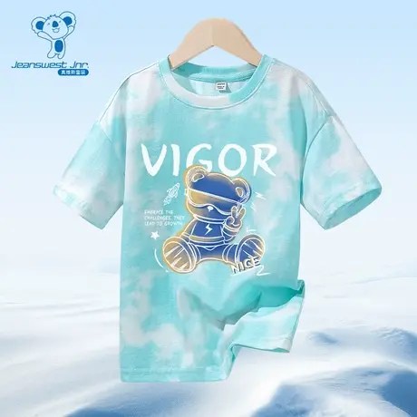 JU真维斯男女同款2025秋季新款酷帅墨镜小熊印花扎染儿童短袖T恤商品大图