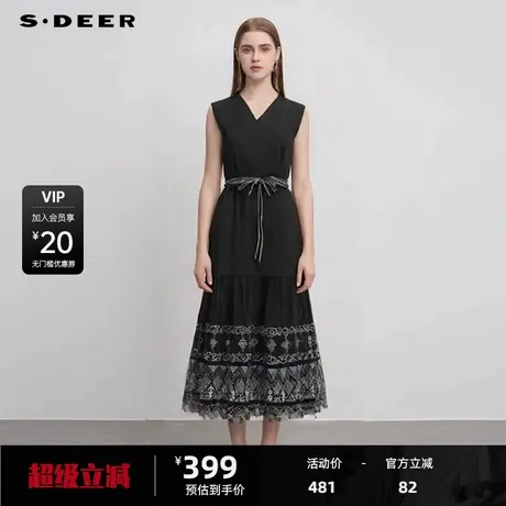 sdeer圣迪奥女装25年新品田园风V领收腰绣花无袖连衣裙S252Z1225商品大图