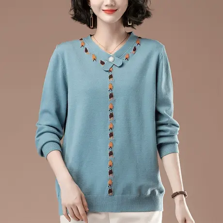 秋冬新款针织衫女加肥加大码女装宽松中年妈妈休闲v领毛衣打底衫图片