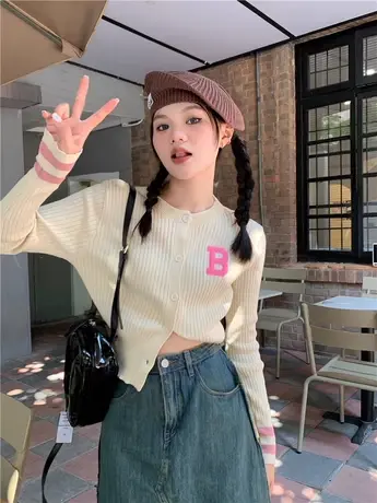 字母刺绣针织衫女装秋季气质设计感小众独特别致短款长袖时尚上衣图片