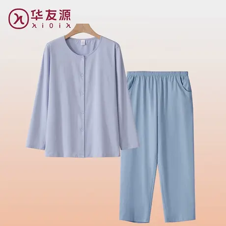中老年人纯棉长袖开衫睡衣女套装宽松大码开襟上衣T恤空调服汗衫商品大图