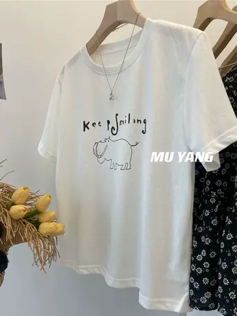 吨吨吨~小河马插画短袖雪花棉T恤女百搭显白减龄圆领半袖夏季上衣商品大图