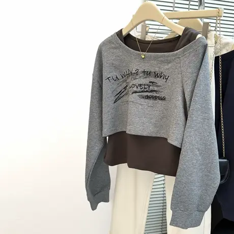 chic甜辣斜肩露肩短款长袖卫衣女早春秋修身韩版背心两件套上衣服图片