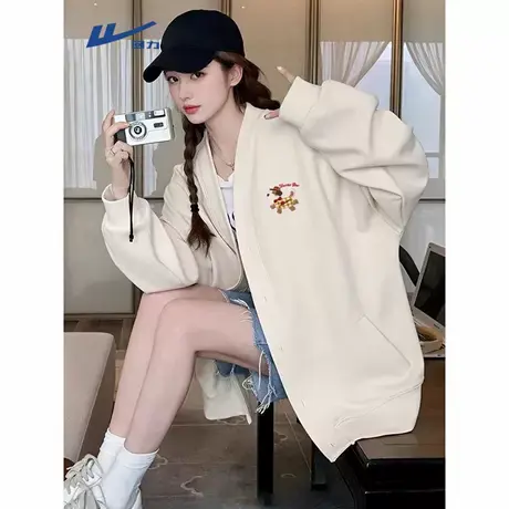 回力低领棒球服外套女2025新款秋季v领大码卫衣休闲运动开衫上衣A商品大图
