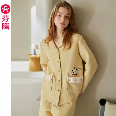 芬腾女睡衣秋冬季空气棉夹层纯棉长袖大码女款保暖熊猫家居服套装商品大图